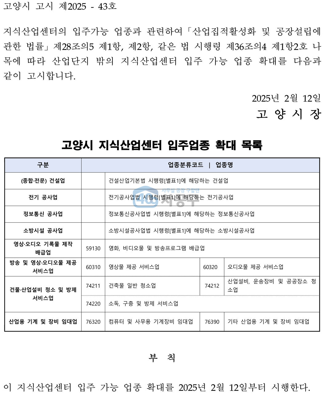 2025년 2월 12일 부터 고양시는 입주가능 업종을 확대하여 고시하였습니다.